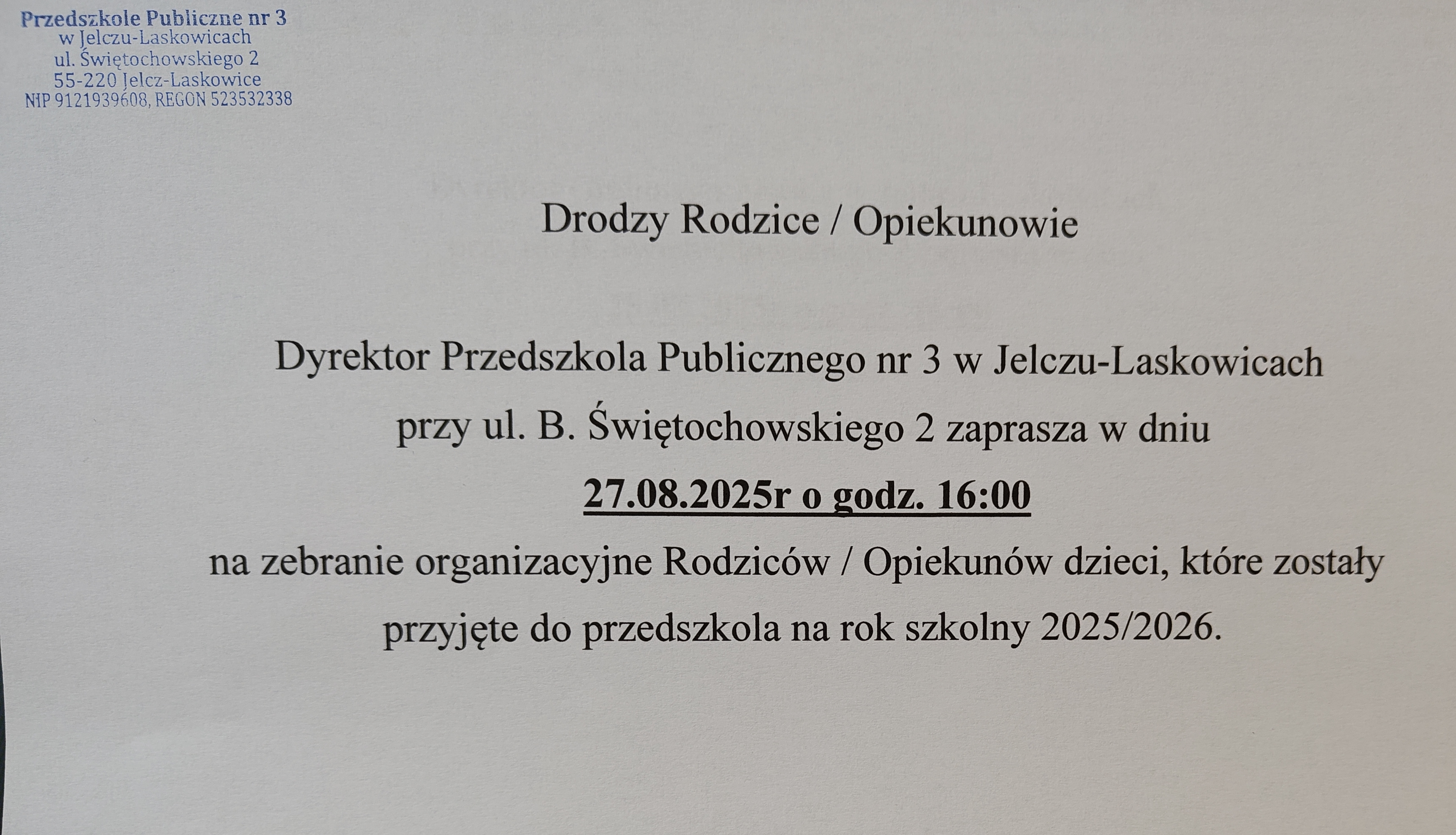 Komunikat o&nbsp;spotkaniu organizacyjnym z&nbsp;rodzicami w&nbsp;przedszkolu 27.08.2025 o&nbsp;godz 16:00
