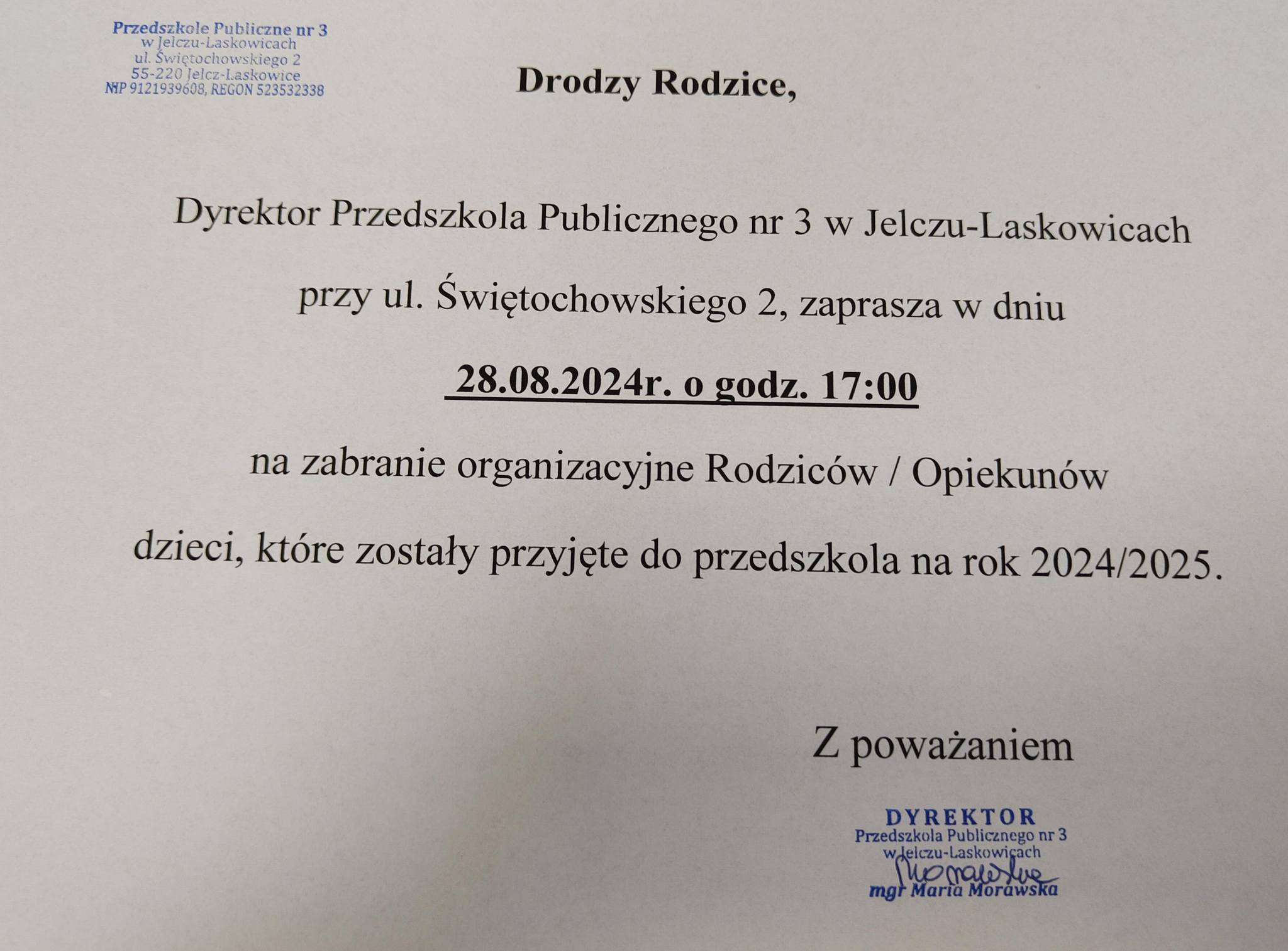 Informacja o&nbsp;spotkaniu organizacyjnym z&nbsp;Rodzicami w&nbsp;dniu 28.08.2024 o&nbsp;godzinie 17:00