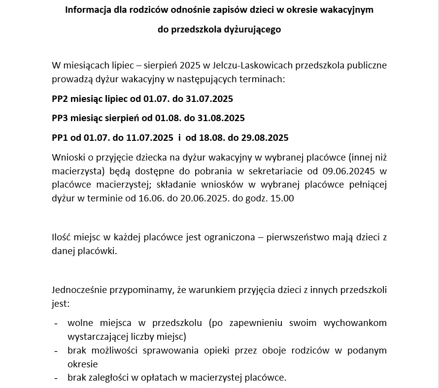 Informacja dla rodzic&oacute;w odnośnie dyżur&oacute;w w&nbsp;okresie wakacyjnym
